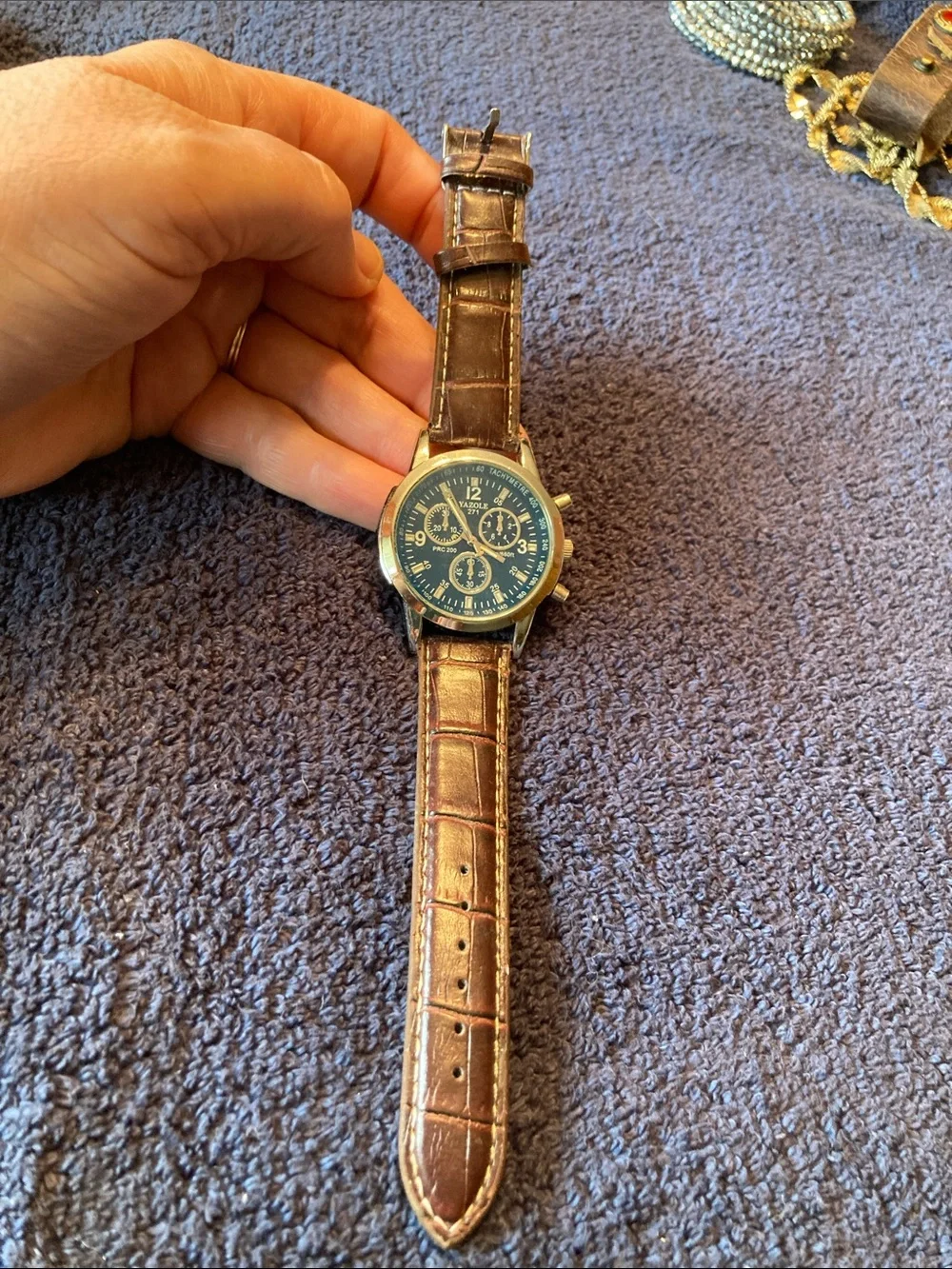 Men's Brown Leather Strap Chronograph Look Watch - Blue Dial Runs Perfectly